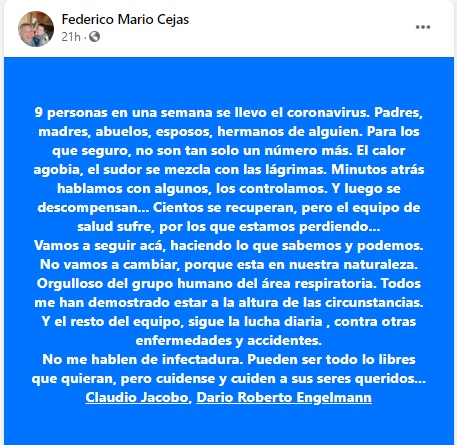 federico cejas posteo facebook medico la paz coronavirus