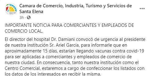 publicación cámara de comercio santa elena vacunas