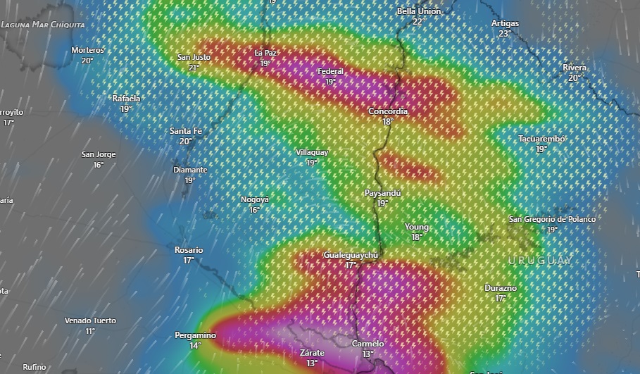 Previsión del radar para el jueves a la tarde. Captura: Windy.com Previsión del radar para el jueves a la tarde. Captura: Windy.com
